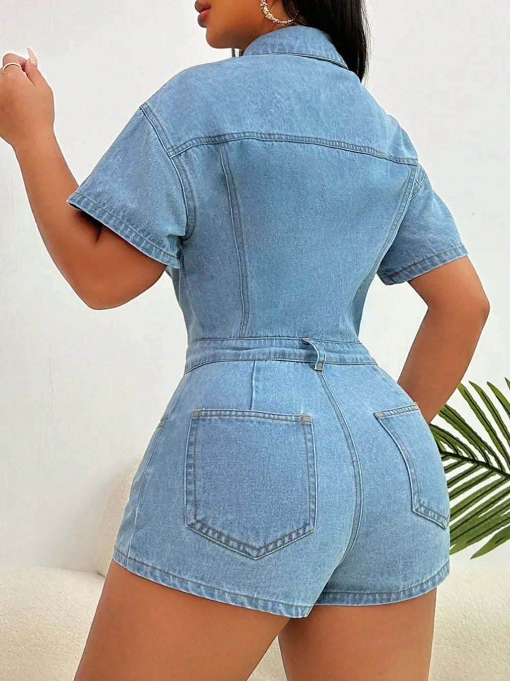 Collared Neck Short Sleeve Denim Romper