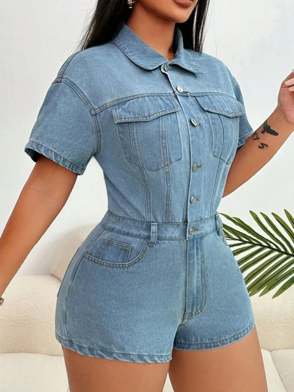 Collared Neck Short Sleeve Denim Romper